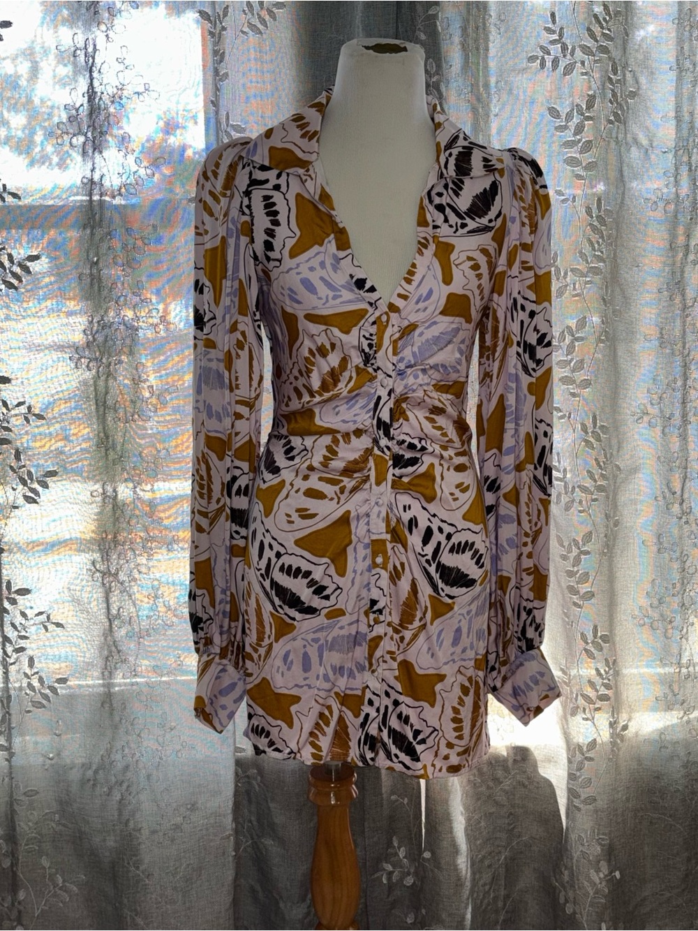 For Love & Lemons White, Gold, Black Abstract Print Mini Dress